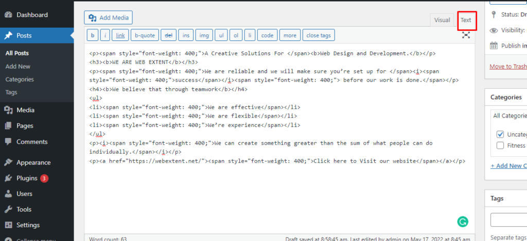Copy and Paste in WordPress