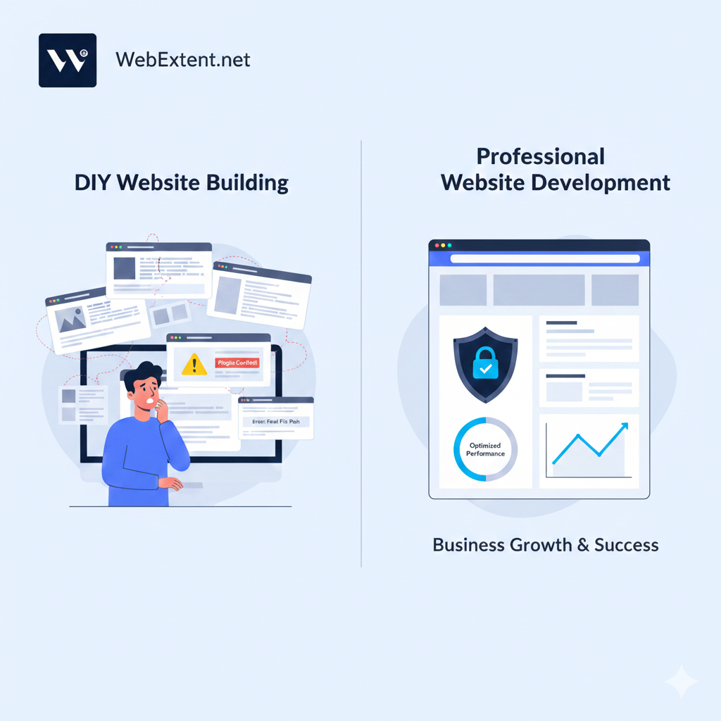 Illustration showing how WordPress for business works, including themes, plugins, content management, security, and SEO integration.