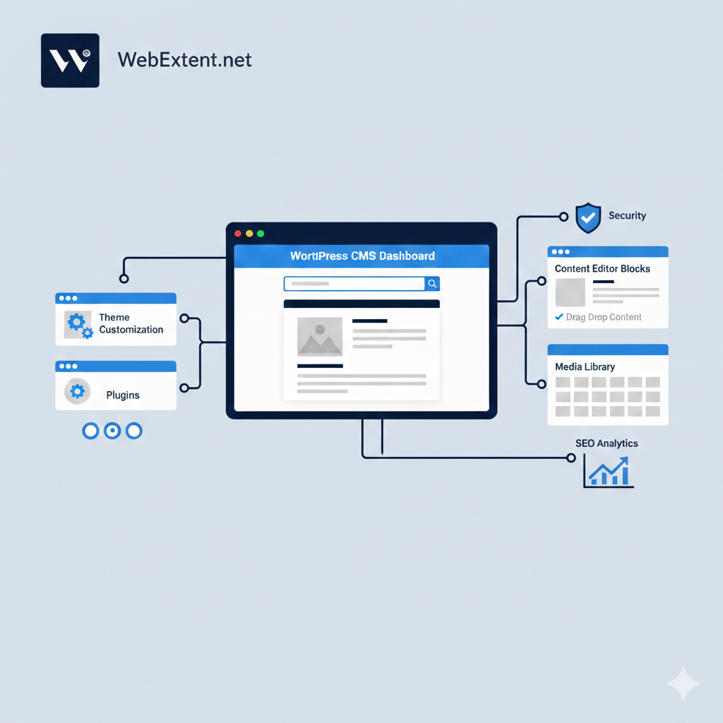 Illustration showing how WordPress for business works, including themes, plugins, content management, security, and SEO integration.