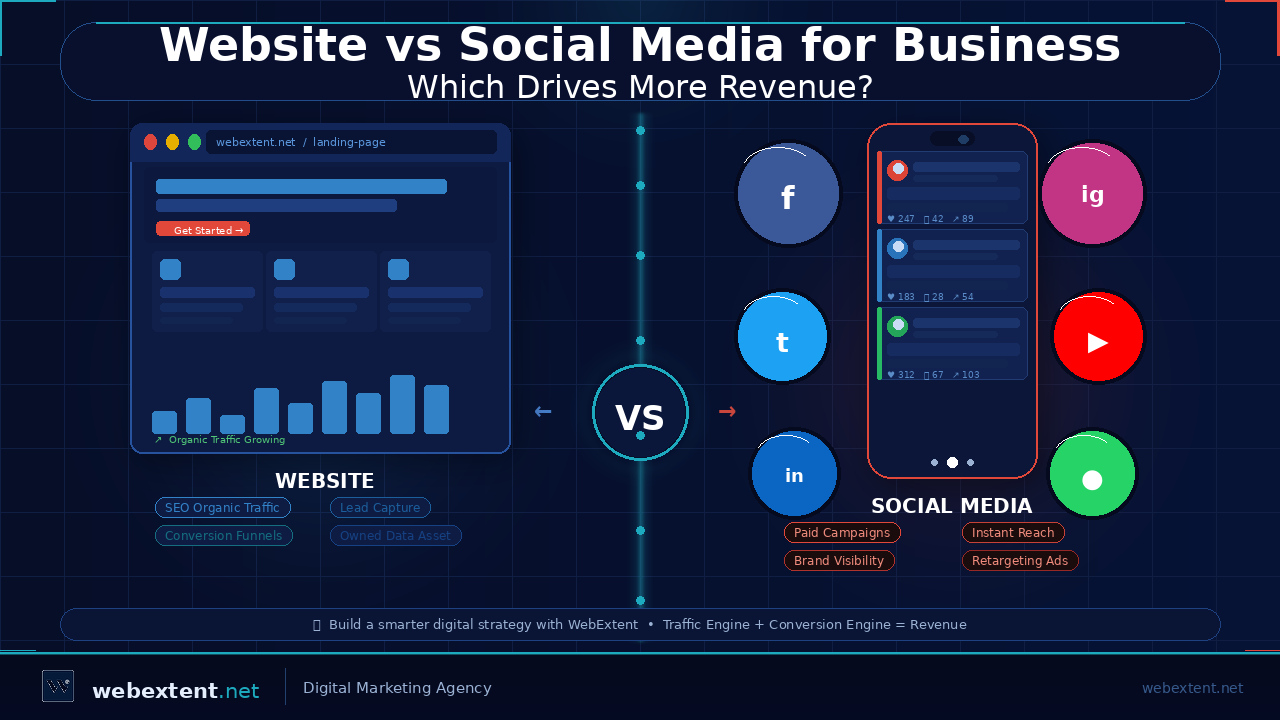 Split comparison infographic showing Website Marketing on the left with SEO traffic, conversion control, and owned data benefits versus Social Media Marketing on the right with fast visibility, targeted ads, and campaign-based revenue — by WebExtent digital marketing agency