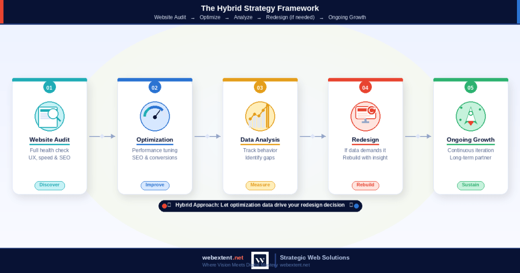 Diagram showing a hybrid website strategy combining optimization, performance analysis, and redesign for long-term growth.