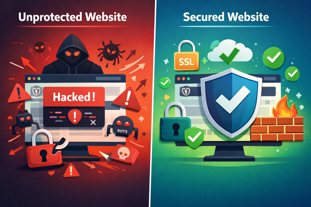 Side-by-side comparison of an unprotected WordPress site under attack from hackers, bots, and malware versus a fully secured WordPress site protected by firewall, SSL, 2FA, and regular backups