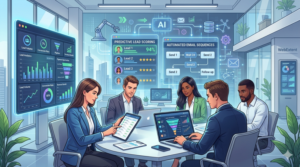 AI-powered lead generation dashboard showing predictive scoring, automated email sequences, and smart sales automation for businesses in 2026