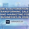 Modern digital illustration of AI automation transforming sales and marketing for businesses in 2026, showing chatbots, automated workflows, and growth dashboards