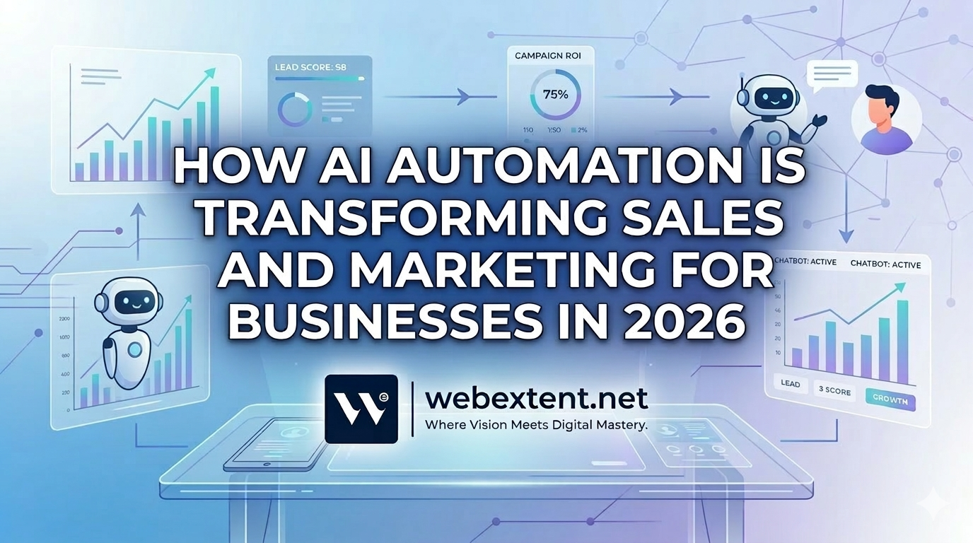 Modern digital illustration of AI automation transforming sales and marketing for businesses in 2026, showing chatbots, automated workflows, and growth dashboards