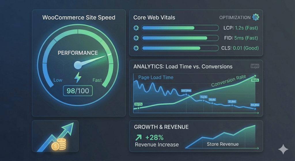 Illustration showing website speed optimization, analytics, and conversion improvement for WooCommerce stores