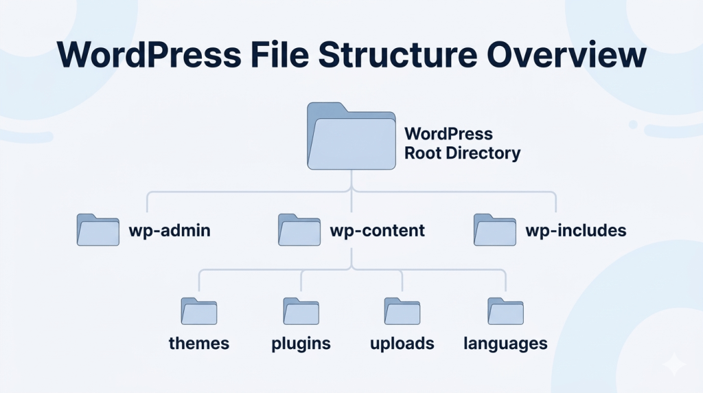 WordPress directory structure diagram showing wp-admin, wp-content, wp-includes and subfolders