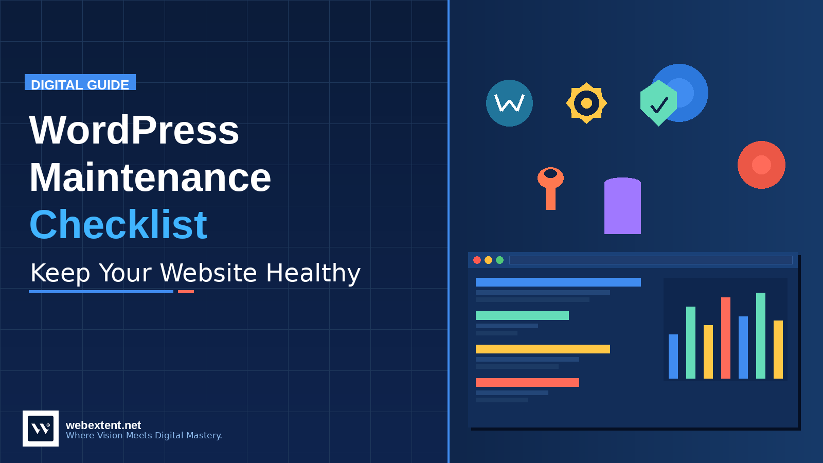 WordPress maintenance checklist concept showing website care, updates, security, and performance optimization.