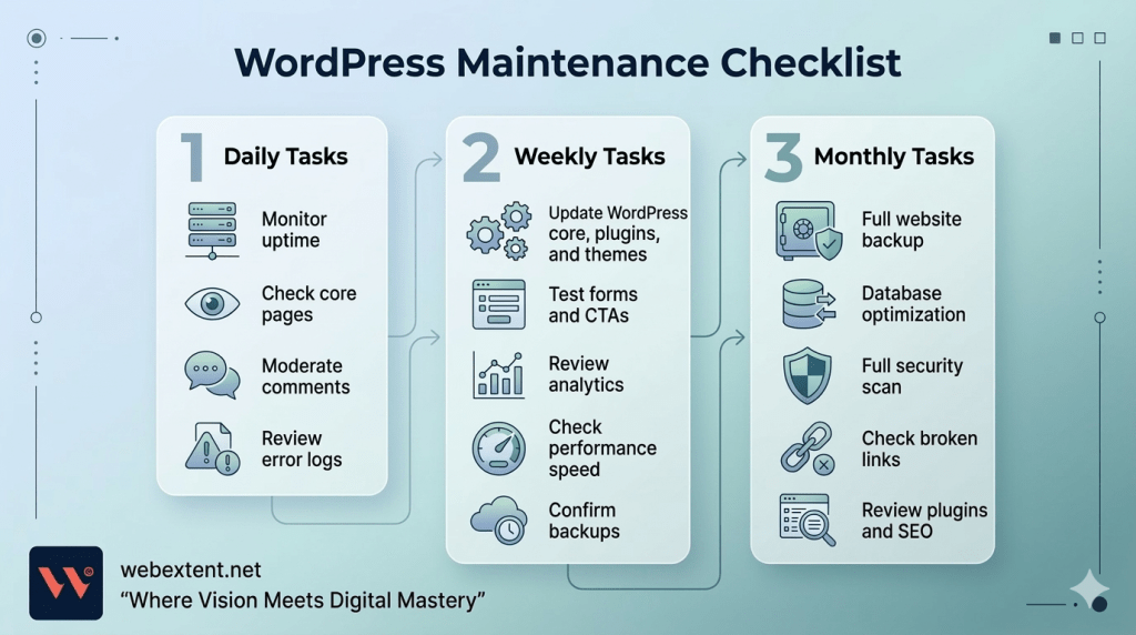 WordPress maintenance checklist showing daily, weekly, and monthly website maintenance tasks.
