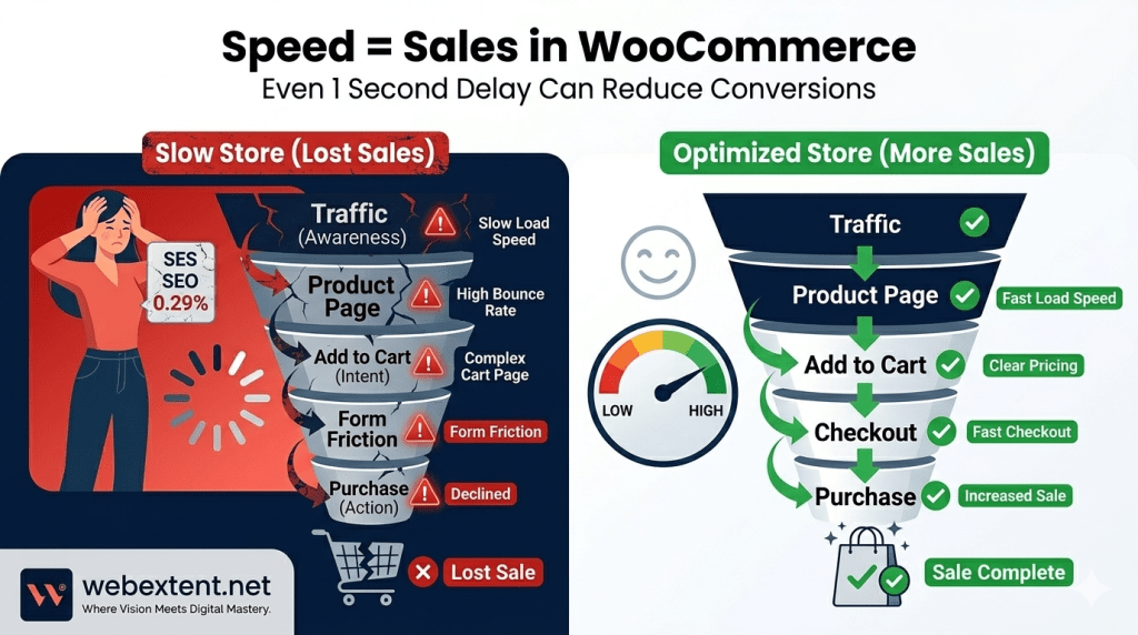 Before and after comparison of a slow and optimized WooCommerce store showing how website speed affects sales, user experience, and conversions.